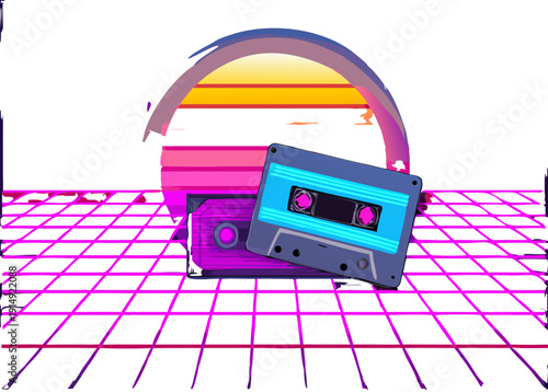 80s synthwave style vector of a glowing floppy disk and a cassette tape, neon sunset background, grid lines, nostalgic but modern.