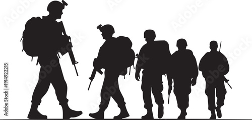 Group of soldiers marching in patrol vector silhouette illustration and tactical line art