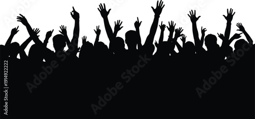 Cheering crowd silhouette with raised hands at concert or festival, excited audience celebration party atmosphere isolated on white background illustration