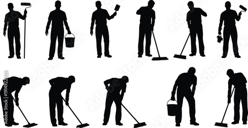 Cleaner and painter silhouette set with tools, janitor mopping floor and house painter holding roller isolated on white background illustration