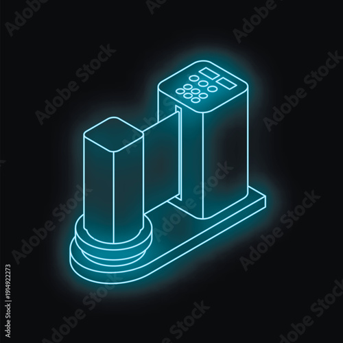Neon blue outline of airport security scanner processing luggage, symbolizing modern travel safety measures