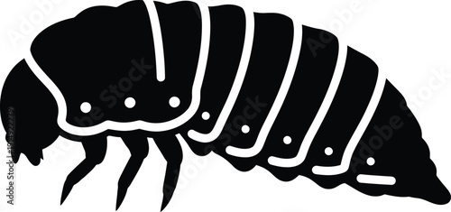 Insect larva silhouette is shown as a simple, segmented biological graphic.