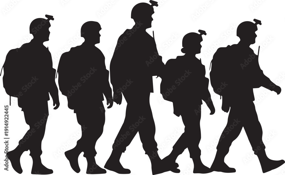 Naklejka premium Military squad walking in line silhouette illustration vector group soldiers on mission
