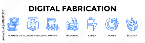 Digital Fabrication Banner Web Icon Set Collection Pack Vector Illustration Concept For Filament, Digital Light Processing, Machine, Industrial, Energy, Power, Ecology
