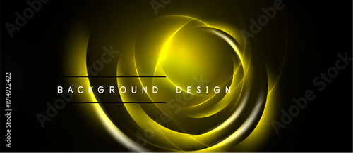 Abstract golden swirls over black backdrop. Elegant design suggests motion, energy, luxury. Text reads background design.