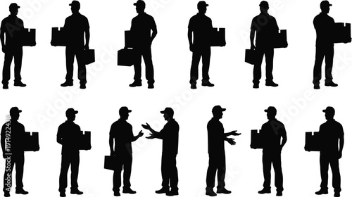 Delivery man silhouette set with package boxes in various poses, courier service and logistics worker isolated on white background illustration