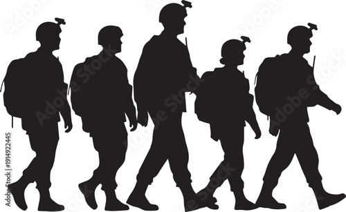 Military squad walking in line silhouette illustration vector group soldiers on mission