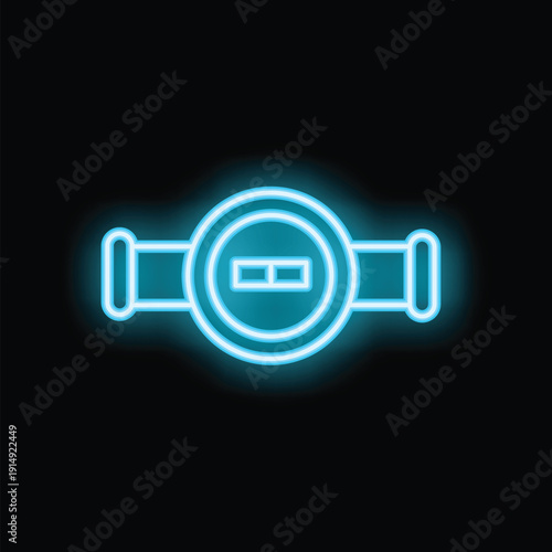 Blue neon water meter icon glowing on black background, concept for water consumption monitoring
