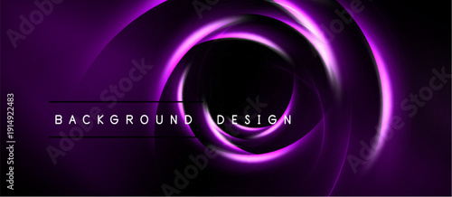 Dark purple abstract swirls create dynamic circular design. Text reads background design within central ring. Minimalist, modern aesthetic.