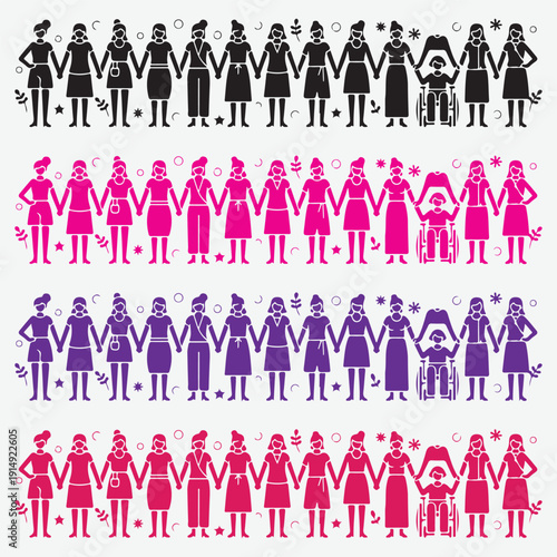 Diverse Women Holding Hands in Unity Border Set with Wheelchair Inclusion and Celestial Elements