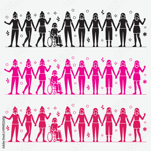 Diverse Women Holding Hands Unity Banner Set with Wheelchair User Vector Illustration