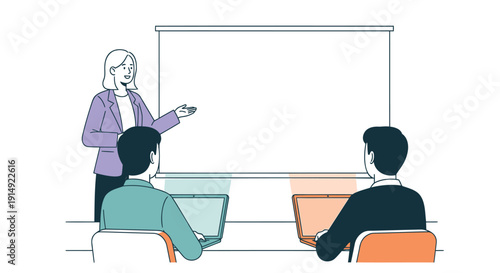 Woman teacher standing by whiteboard with two students sitting at desks in classroom setting