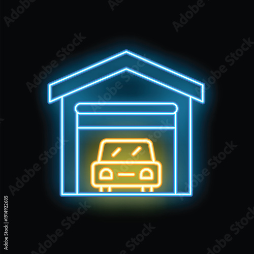 Glowing neon icon representing the concept of a parking space with a car safely parked inside a garage