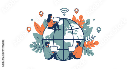 Vector illustration of people working on laptops around a globe with leaves and location icons, isolated on transparent background