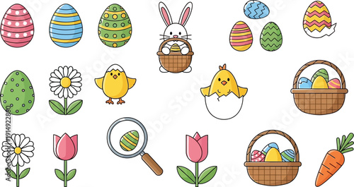 Easter themed illustration featuring eggs, bunnies, chicks, flowers, and baskets for spring celebration