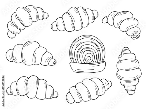 Set of croissants in doodle sketch style. Delicious French pastries for breakfast, hand drawn collection. Takeaway, ready to eat dessert clip art. Black outline food elements. Vector graphics