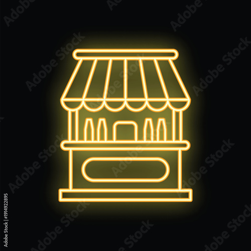 Glowing neon line street food market stall kiosk with awning icon isolated on black background. Vector illustration