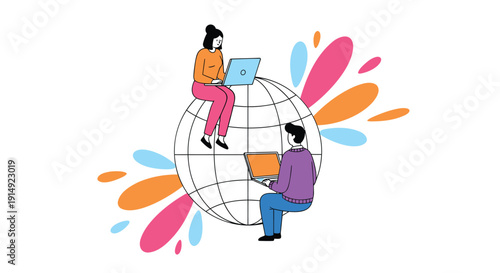 Two people sitting on and next to a globe with laptops, surrounded by colorful abstract shapes