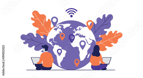 Vector illustration of two people with laptops sitting on either side of a purple globe surrounded by leaves and location pins