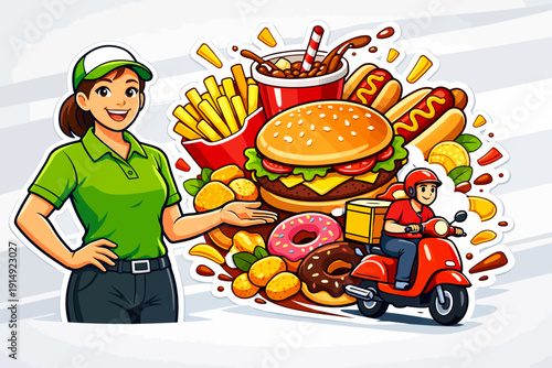 Fast Food Delivery Service Mascot: Smiling Worker & Scooter Driver with Burger, Fries, Soda, and Hot Dogs Cartoon Illustration.