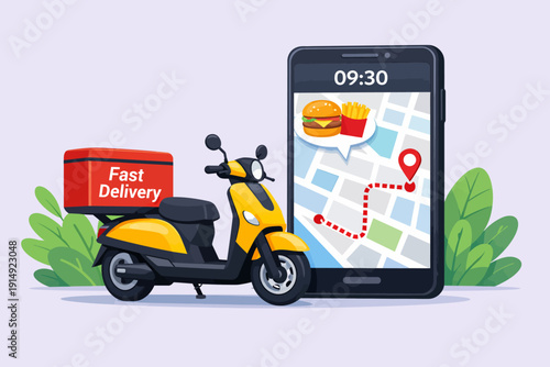 Fast Delivery Scooter and Mobile App Tracking Food Order. Yellow Moped with GPS Route Map for Express Meal Logistics Service.