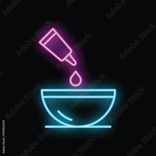 Neon sign representing a tube of product pouring its content in a bowl for hair coloring in a hair salon