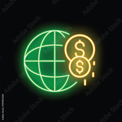 Neon sign depicting a green globe with falling dollar coins symbolizing global economic downturn
