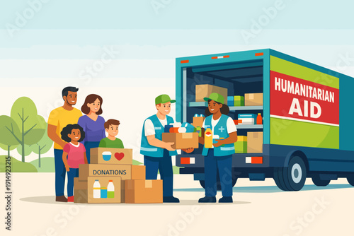Diverse Family Donating Supplies to Humanitarian Aid Volunteers. Charity Truck Delivering Relief Goods and Community Support Illustration.