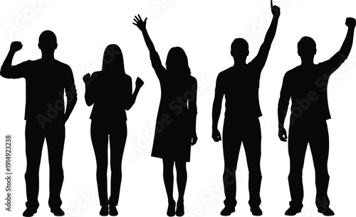 People silhouette group celebrating success with raised hands and victory gestures, men and women isolated on white background illustration