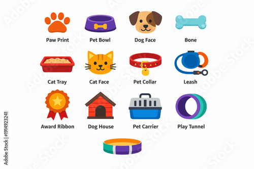 Flat Pet Care Icons Set: Dog and Cat Accessories, Paw Print, Food Bowl, Leash, Collar, Carrier, House, and Litter Tray