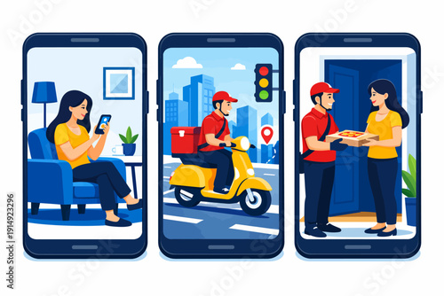 Food Delivery Service App Process. Online Ordering, Courier on Scooter, and Fast Last-Mile Delivery.