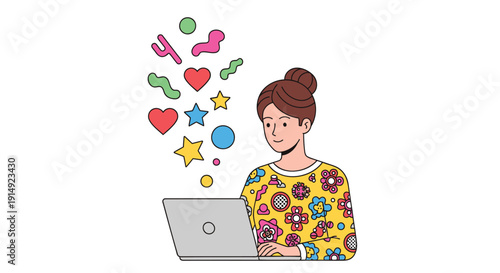 Cartoon woman with brown hair and colorful shirt sitting with laptop and creative thoughts