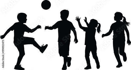 Children silhouettes play actively with a ball during outdoor summer.