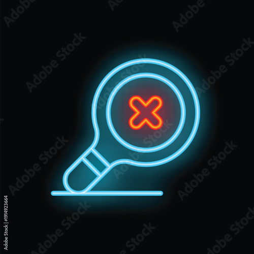 Neon magnifying glass is showing a red cross symbol, representing an unsuccessful search or a concept of not finding what you are looking for