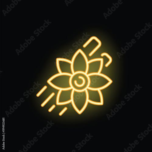 Yellow neon flower with petals moving fast and leaving bright trail on black background