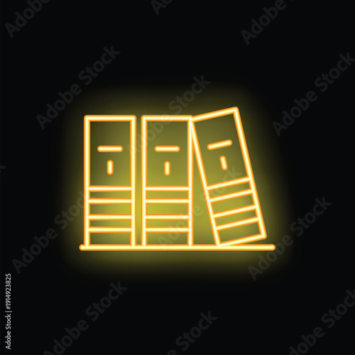 Bright yellow neon sign of three office binders standing in a row on a shelf, glowing on black background