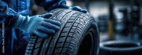 The tire being inspected by a gloved mechanic in a busy garage service bay