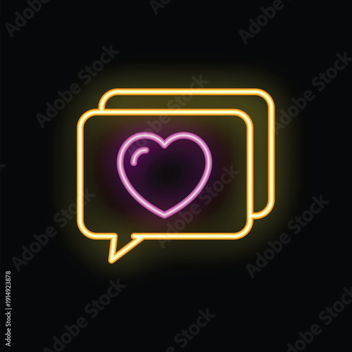 Bright neon sign in the shape of a speech bubble, showing a pink heart and representing online dating