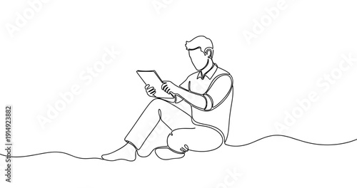 Line drawing of young caucasian male sitting with tablet. No editable stroke