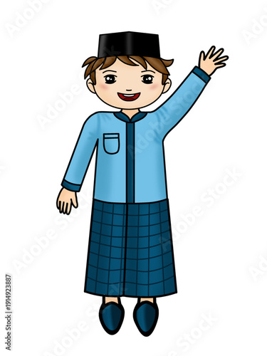 Cartoon illustration of a Muslim boy wearing koko shirt and sarong, as well as a black peci.