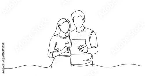 Caucasian male and female adults holding tablet and microphone in line art style. No editable stroke