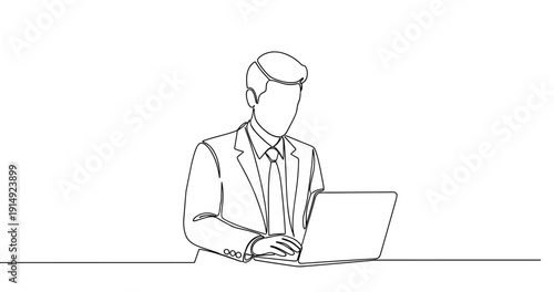 Outline of young caucasian male in suit using laptop. No editable stroke