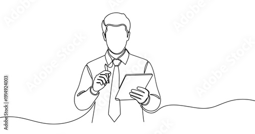 Continuous line drawing of male professional with tablet and pen. No editable stroke