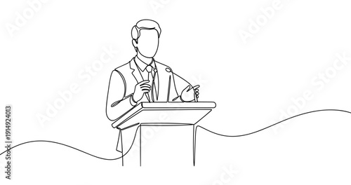 One-line drawing of male speaker at podium delivering a presentation. No editable stroke