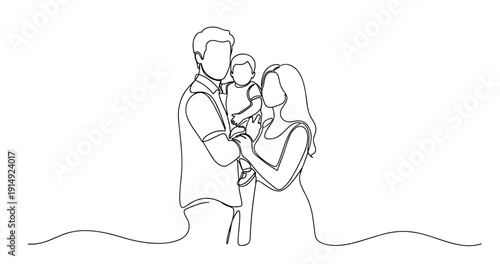 Line art of caucasian family with male adult, female adult, and child. No editable stroke