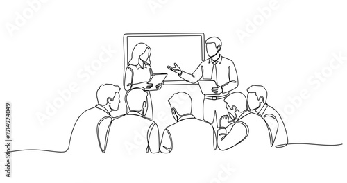 Team meeting: male and female professionals presenting to audience. No editable stroke