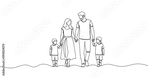 Line art of a family with two children walking together. No editable stroke
