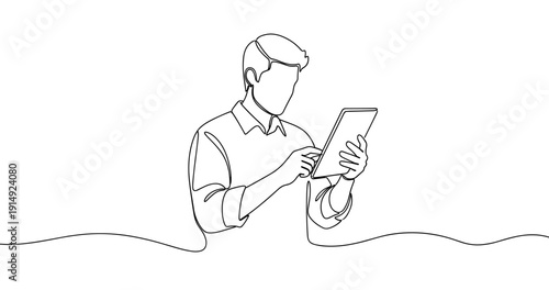 Line art of young caucasian male using tablet. No editable stroke