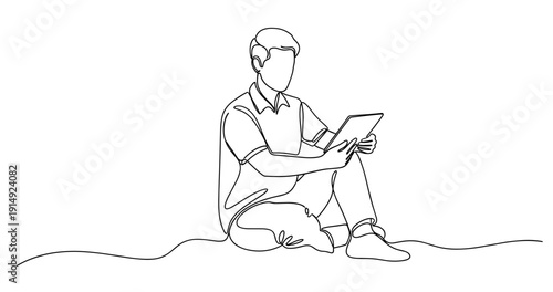 Continuous line art of young caucasian male sitting with tablet. No editable stroke