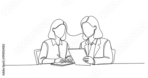 Line art of team collaboration with two female adults in discussion. No editable stroke